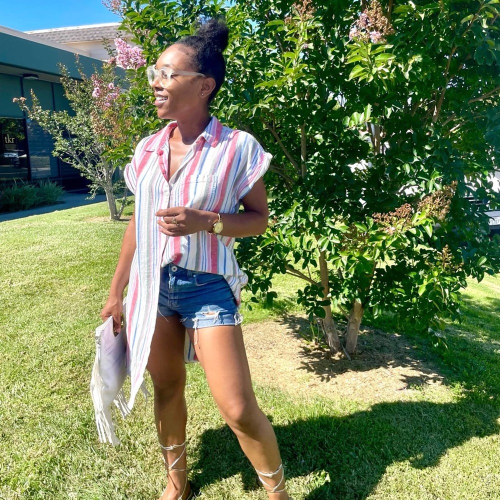 90s Cap Sleeve Colorful Striped Shirt Dress (L)